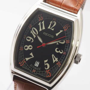 エポス オートマチック トノー型 3332 epos デイト 25石 SS 自動巻 ブラック 黒文字盤 裏スケ 革ベルト メンズ腕時計[04/05-AY8