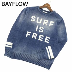 BAYFLOW ベイフロー 通年 SURF IS FREE★ ウォッシュ加工 インディゴ コットン ニット セーター Sz.2　メンズ　A4T01845_2#L
