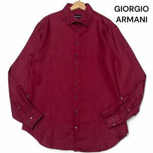 未使用級◎リネン100%!!42サイズ ジョルジオアルマーニ【圧巻の爽やかな着心地】GIORGIO ARMANI 長袖 シャツ ボルドー 薄手 春夏◎メンズ