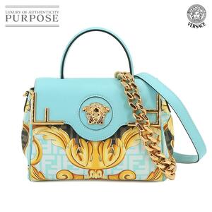 未使用 展示品 ヴェルサーチェ VERSACE フェンダーチェ ラ メデューサ 2way ハンド ショルダー バッグ レザー ブルー ズッカ柄 90228312