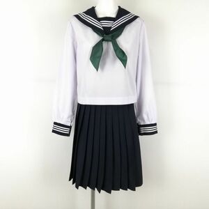 1円 セーラー服 スカート スカーフ 上下3点セット 165A 中間服 白3本線 女子 学生服 広島比治山女子中学高校 白 制服 中古 ランクC EY9974