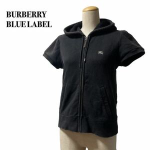 BURBERRY BLUE LABEL バーバリーブルーレーベル ジップアップパーカー 半袖ホース刺繍 38 M 黒ブラック 三陽商会