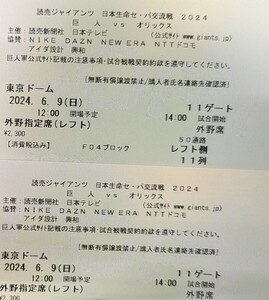 【6月9日（日）】日本生命セ・パ交流戦2024 読売ジャイアンツVSオリックスバファローズ外野指定席レフトチケット 巨人VSオリックスチケット