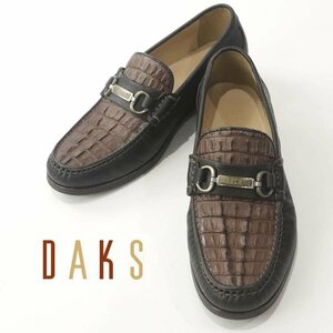 美品 DAKS PRIVATE COLLECTION ダックス 牛革使用 クロコダイル 型押しレザー ローファー 茶 ブラウン 39 JP:24.5cm スリッポン カイマン