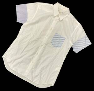 フランス製 ■ COMME des GARCONS SHIRT コムデギャルソン シャツ ■ ストライプ柄 切替 半袖 ボタン シャツ ホワイト L