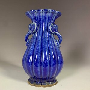 景徳鎮　磁器　藍釉 窯変 陶磁器 花瓶　双耳龍頭花瓶　置物 　収蔵　コレクション ZH341
