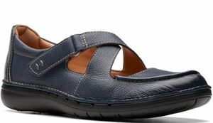 送料無料 Clarks 23.5cm ストラップ フラット ネイビー ブルー メリージェーン ヒール レザー 軽量 ソフト ソール ビーサン ウエッジ at43