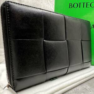 【現行 極美品】BOTTEGA VENETA ボッテガヴェネタ 長財布 ラウンド マキシイントレチャート カセット レザー ブラック 黒 メンズ 