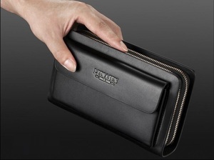 長財布　セカンドバッグ　クラッチバック　メンズ　ダブルラウンドファスナー型　大容量　多機能　ストラップ付き　黒色