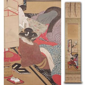 慶應◆江戸時代中後期の浮世絵師 勝川派の祖 伝【勝川春章】筆 絹本着色『杜鵑』美人画 掛軸 肉筆浮世絵 時代金襴表装 御仕立て箱