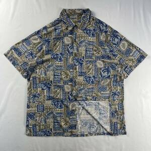 US Vintage Batik Bay レーヨン100% ココナッツ調ボタン リーフ ヤシ 幾何学模様 エスニック ハワイアン 総柄 デザインシャツ