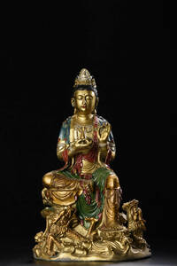 ▽鴻▽ 銅製 彩繪 金鍍 淨瓶觀音像 置物 古賞物 中国古玩 中国古美術