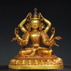仏像 秘蔵 中國 チベット仏教 銅制塗金 八腕観音 仏教古美術 供養品 細密彫 置物 時代物 中国古美術 YF177