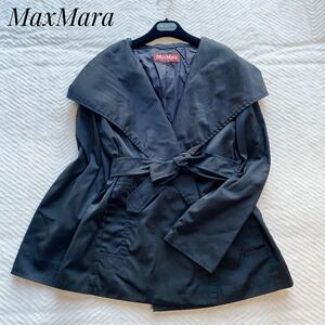 極美品 MaxMara マックスマーラ スプリングコート 大きいサイズ 42 XLサイズ相当 女優襟 ベルト アウター 黒 ブラック ミドル丈 トレンチ
