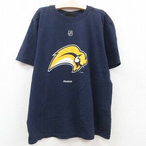 古着 リーボック 半袖 Tシャツ キッズ ボーイズ 子供服 NHL バッファローセイバーズ ラメ コットン クルーネック 紺 ネイビー アイスホ