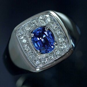 F3126 美しい大粒ブルーサファイア１．２７ct 天然絶品ダイヤモンド０．１６ct 最高級Pm900無垢セレブリティメンズリング