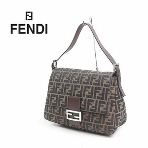 イタリア製◆FENDI/フェンディ マンマバケット キャンバス×レザー ズッカ柄 肩掛け ワンショルダー バッグ ブラウン×ブラック