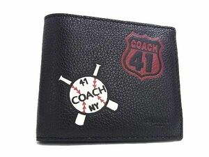 1円 ■新品同様■ COACH コーチ レザー カードケース付き ベースボール 野球モチーフ 二つ折り 財布 ウォレット ブラック系 AW3884