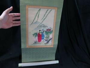 A　山中男女楼閣刺繍軸　中国　古布　掛け軸　