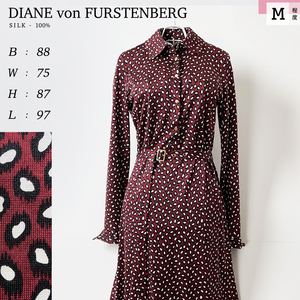 DIANE von FURSTENBERG ストレッチ 長袖 ドット 柄 ロング シャツ ワンピース 赤 ワイン レッド 総柄 シルク 春 秋 襟 2 レディース M 9号