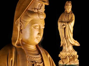 【流】仏教美術 檜 木彫 観音像 高82cm KV123