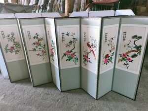 (超希少、良品、即発送、東大阪渋川町引取大歓迎)中国四大刺繍　湘繍花鳥屏風8面　波若心6面 在銘　