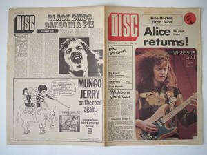 ★イギリス音楽誌【DISC】1972年10月14日号★Wishbone Ash/Zombies/Rod Argent/Colin Blunstone/Elton John/Groundhogs/Yes