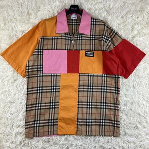 希少1円◎Burberry バーバリー 半袖シャツ ノバチェック　パッチワーク ハーフジップ マルチカラー オレンジ 赤 レッド ピンク 現行　