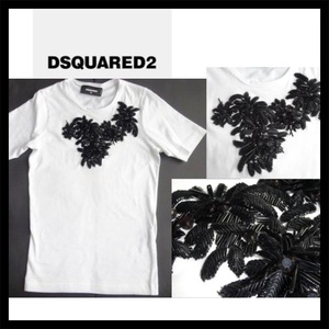 ● DSQUARED2 ビジュー Tシャツ 36 S 新品 白 スパンコール ビーズ ガラス 花 刺繍 黒 ディースクエアード イタリア製 高級 10万円相当