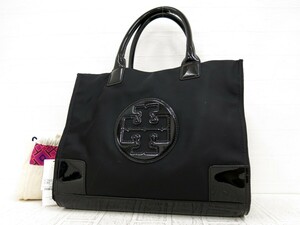 TORY BURCH トリーバーチ◆エラ◆ナイロン エナメル パテント レザー 本革◆トート ハンド バッグ◆ブラック G金具◆美品◆腕掛け◆N7600