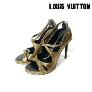 良品 綺麗 Louis Vuitton ルイヴィトン 35.5 約22.5 レザー パンプス プレートロゴ ストラップ オープントゥ ハイヒール ゴールド色