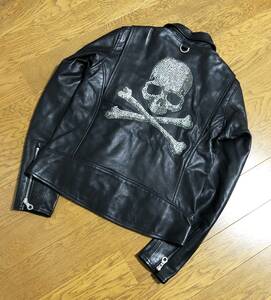 美品☆[mastermind×GINGAM] 11SS radiance期 スワロスカル ホースハイド シングルライダースレザージャケット S 馬革 マスターマインド