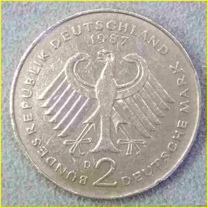 【ドイツ 2マルク 硬貨/1987年】 2 MARK/イーグル/旧硬貨 /西ドイツ/コイン/古銭