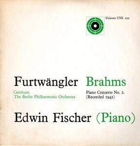 フルトヴェングラー　E・フィッシャー　ブラームス/ピアノ協奏曲第2番　1942年ライヴ　ユニコーンUNI規格盤　青色レーベル【中古LP】