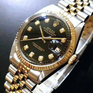 ★デッドS級極美品!!■ROLEX デイトジャスト■10Pダイヤ ブラック文字盤■R1601★OH済