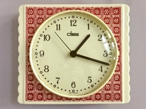 ●○ドイツ製 陶器の壁掛け時計 クリーム×えんじ花柄 IN726○●アナログウォールクロックレトロビンテージアンティークヴィンテージ