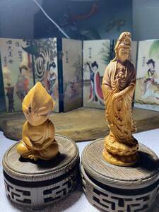 仏教美術　高級木材彫刻　天然木　観音　静思　木彫り　可愛い坐像オブジェ　置物聖 實　仏像 工芸品