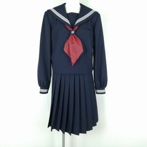 1円 セーラー服 スカート スカーフ 上下3点セット 指定 175A 大きいサイズ 冬物 白3本線 女子 学生服 中学 高校 紺 中古 ランクB EY9882