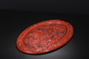 ▽鴻▽漆器漆彫 剔紅 二龍戲珠紋 賞盤 置物 古賞物 中国古玩 中国古美術