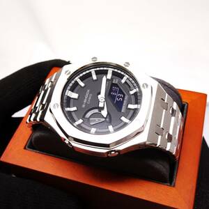 送料無料・新品・Gショックカスタム本体付きGA2100海外オールステンレス製シルバーベゼルベルトモデルメンズ腕時計・カシオーク・