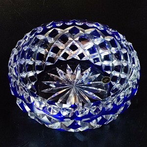 堀口硝子 江戸切子 カットガラス 灰皿 HORIGUCHI GLASS 矢来紋 青色被せ レトロ インテリア 中古 送料無料 即決