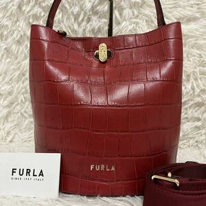 希少 極美品 FURLA フルラ ダナエ 2way ショルダーバッグ ハンドバッグ 巾着 バケット ターンロック クロコ 型押し レッド 赤色 現行ロゴ