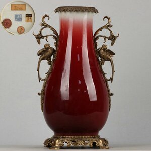 ■観心・時代旧蔵■C5415清乾隆 郎紅釉象嵌銅鳥耳瓶・時代物・古陶磁・古賞物・旧家買出品