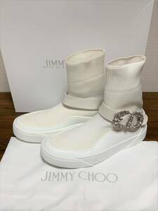 美品☆[JIMMY CHOO] V.B.C.SOCK KNIT W/CRYSTAL BUCKLE ビジュー装飾 ソックスブーツ スニーカー 36 ホワイト イタリア製 ジミーチュウ