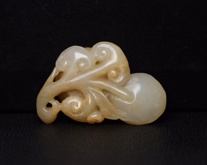 ▽鴻▽ 和田玉製 細密彫 如意 置物 古賞物 中国古玩 中国古美術