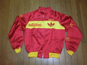 激レア ビンテージ 80s adidas アディダス サテン ブルゾン 赤 黄色 光沢 80年代 デカロゴ 袖刺繍入り ブート オールドスクール RUN DMC