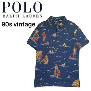 90s 当時物 名作 Polo Ralph Lauren セーリング ヨット インディゴ染? 半袖ポロシャツ アロハシャツ ハワイアン ラルフローレン RRL 240571