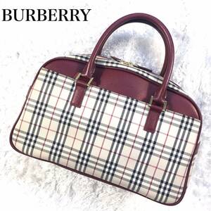 BURBERRY バーバリー ボストンバッグ ナイロンキャンバス 革 レザーハンドル チェック 金具ゴールド