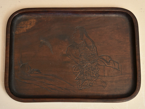 時代 唐木桃太郎図 盆 幅：２７．３㎝ 煎茶盆 煎茶器 煎茶道具 中国美術 古玩 唐物 天然木 木工芸　　b8755s