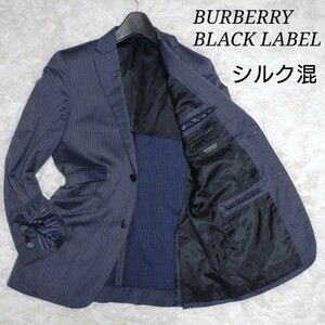 【シルク混】バーバリーブラックレーベル BURBERRY BLACK LABEL テーラードジャケット サイズ36 S相当 ネイビー ペンストライプ ロゴボタン